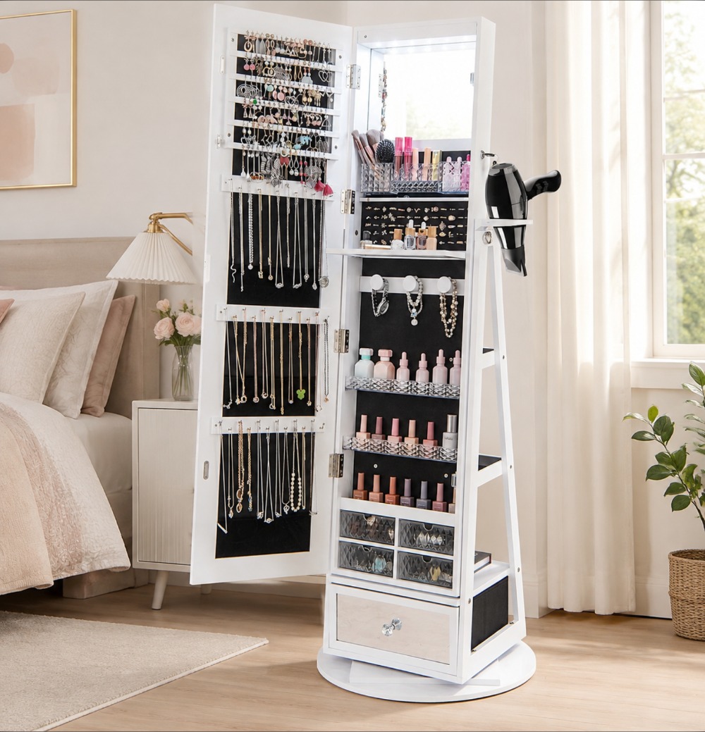 Full Length Mirror Jewelry Armoire - 360 ° Lemari Perhiasan Putar dengan