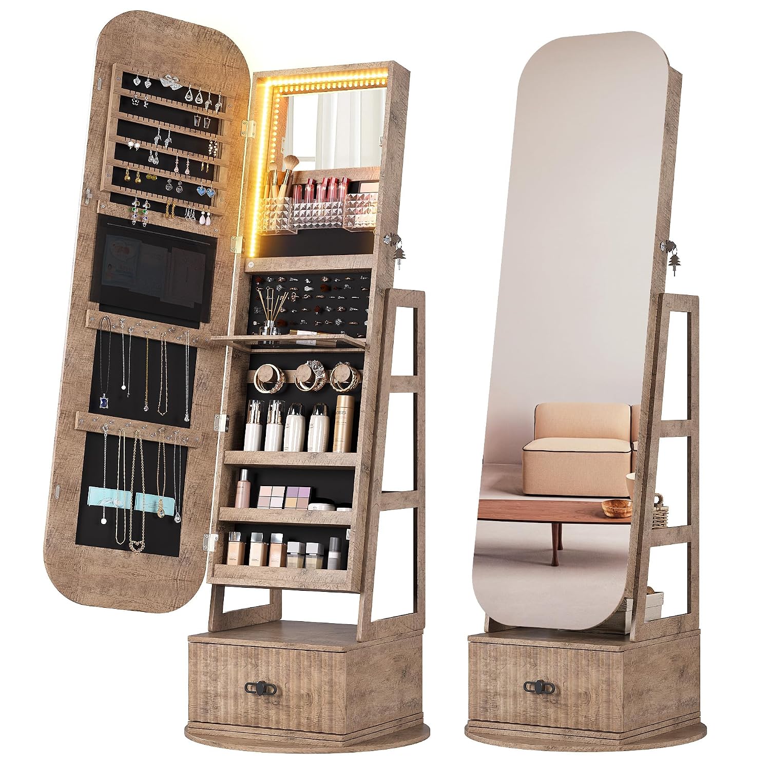 Full Length Mirror Jewelry Armoire - Rak Penyimpanan Perhiasan Putar 360 Derajat