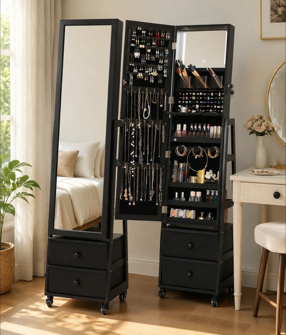 Full Length Mirror Jewelry Armoire - Lemari Perhiasan Berdiri yang Dapat Dikunci