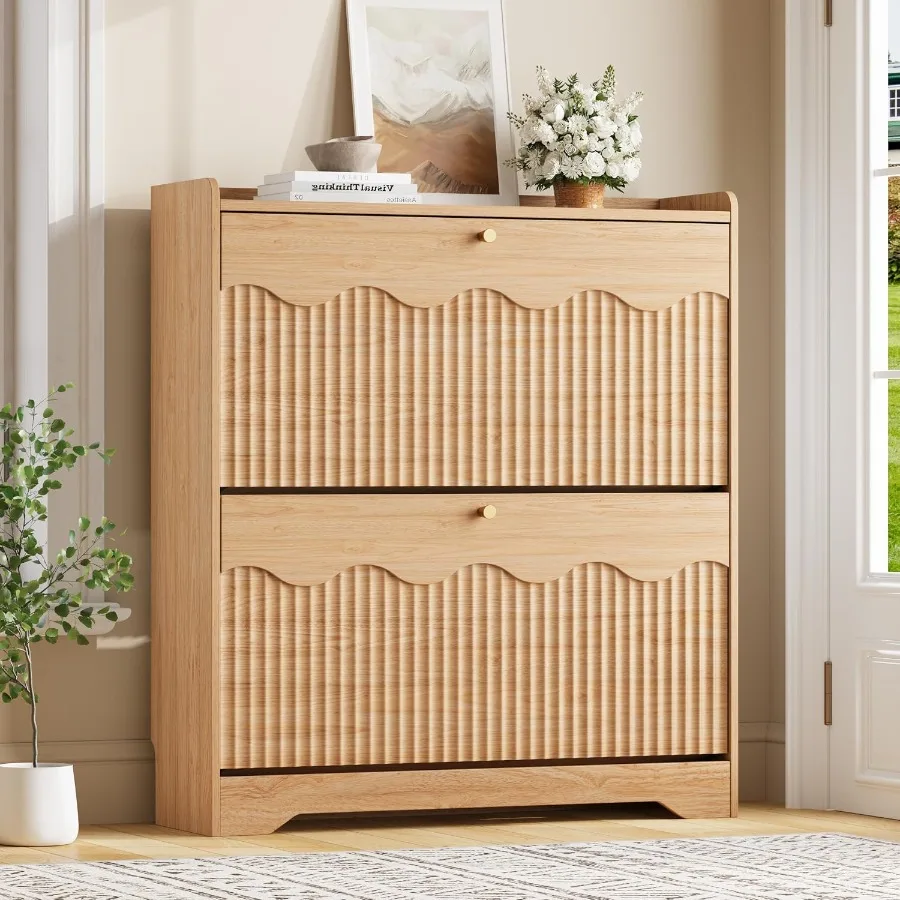 Shoe Rack Cabinet Narrow Entryway - Lemari Penyimpanan Sepatu dengan Panel Bergaris